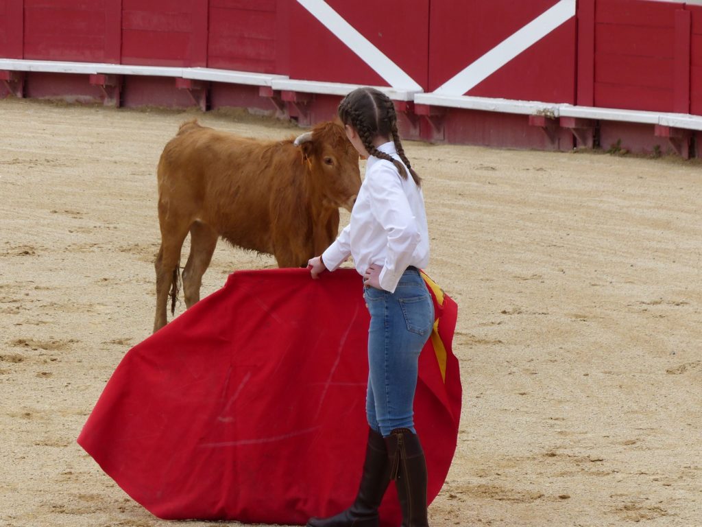 une fille avec une cape et un taureau