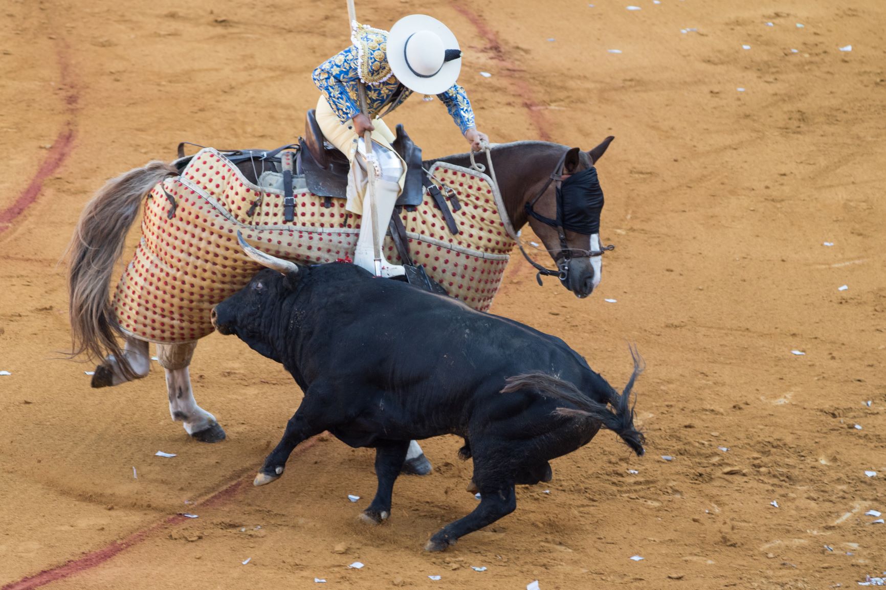 un homme à cheval et un taureau